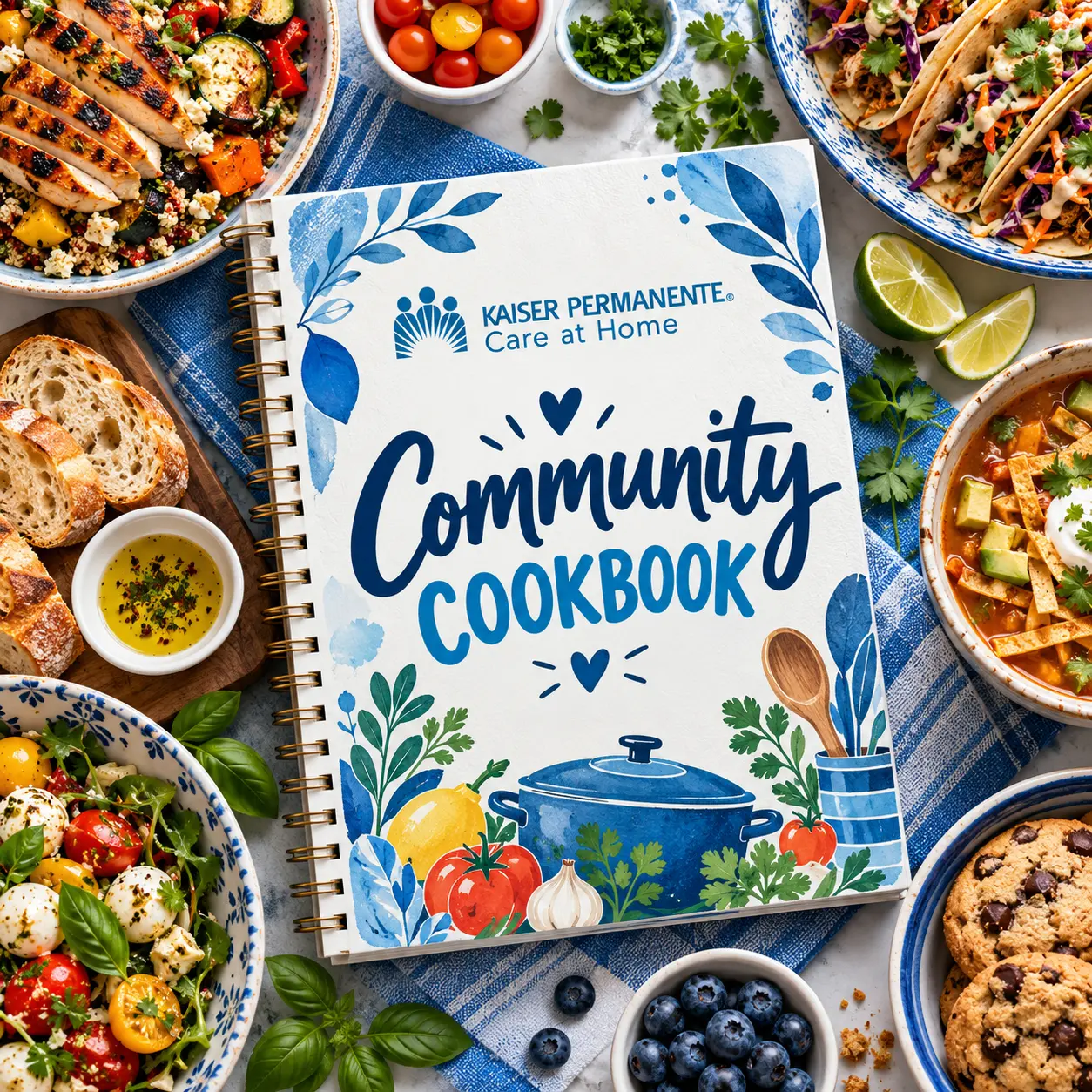 Community Cookbook cover surrounded by home-cooked dishes