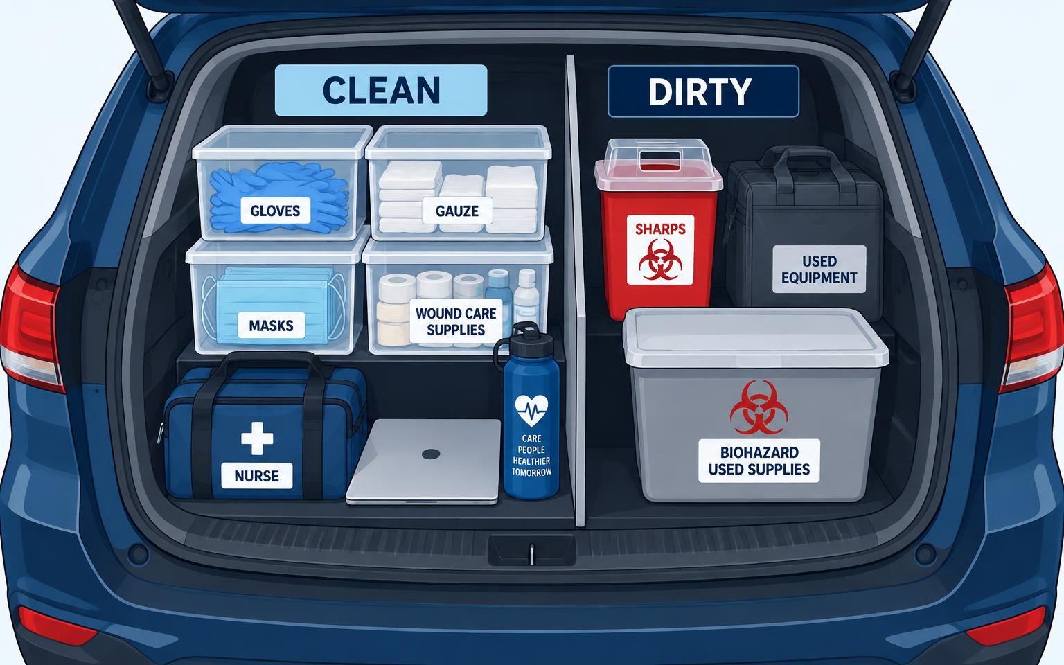 Illustrated car trunk divided into a clean section and a dirty section
